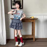 女童夏日裙子套裝2025新款女孩夏季洋氣格子半身裙兒童夏裝蛋糕裙 灰色【上衣+裙子】內有安全褲 150 曬單實拍圖