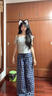 燦圖韓系格子闊腿休閑褲女夏季新款百搭小個(gè)子高腰顯瘦寬松慵懶直筒褲 藍(lán)色 M 【建議90-110斤】 曬單實(shí)拍圖