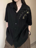 gxmy垂感冰絲刺繡短袖襯衫男士休閑套裝夏季新中式國(guó)風(fēng)寬松襯衣服男裝 國(guó)風(fēng)夏天黑色三件套 XL 曬單實(shí)拍圖