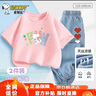 史努比（SNOOPY）男女童短袖t恤牛仔褲兩件套兒童短袖套裝  粉色FUN+淺藍愛心 130 曬單實拍圖