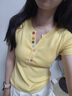 棉致韓版彩色紐扣V領(lǐng)針織短袖t恤女夏季2025新款潮流時尚百搭減齡上衣 0217黃色【高品質(zhì)18】 均碼 曬單實拍圖
