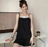 另約帶胸墊黑色睡衣女士夏季吊帶短褲性感法式花邊可外穿家居服兩件套 6826HE 花邊吊帶 黑色 固定胸墊 XL 曬單實(shí)拍圖