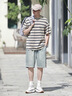 FOX.G男士短袖t恤男條紋寬松衣服男裝夏季2025新款男生半袖百搭情侶裝 卡其色圓領(lǐng)細條紋撞色T恤 2XL 【建議135-150斤】 曬單實拍圖