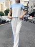 皮爾卡丹（pierre cardin）休閑運(yùn)動減齡套裝女2025夏季新款設(shè)計感短款上衣闊腿褲時尚兩件套 藍(lán)色拼白色套裝 XXL 曬單實拍圖