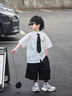 G.DUCKKIDS小黃鴨男童套裝夏季學院風兒童西裝演出服男孩白襯衫黑褲子兩件套 白色襯衫+黑色褲子+領帶 130 建議7~8歲【120-130cm】cm 曬單實拍圖