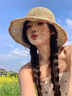 迪淑琪草帽女沙灘大檐帽俏皮淑女風(fēng)蕾絲蝴蝶結波浪邊夏天海邊度假遮陽(yáng)帽 米色-粉花 M（56-58cm） 曬單實(shí)拍圖