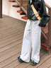 Mmlg 87mm 休閑褲女夏季新款字母刺繡韓系潮牌情侶同款直筒針織長褲子 花灰色 S 曬單實拍圖