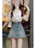 唐菓蜜連衣裙女夏季2025新款女裝韓版時尚減齡甜美風(fēng)小個子通勤套裝裙子 白色上衣+牛仔短裙 M 曬單實拍圖