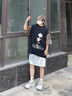 UUCSCC嘻哈高街復古牛仔拼接短袖T恤潮牌vintage圓領(lǐng)做舊五分袖男 黑色 M  110-130斤 曬單實(shí)拍圖