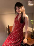 多菲尼森 明媚春日紅色碎花掛脖吊帶連衣裙2025女夏季海邊度假露背裙 復古碎花掛脖連衣裙紅色 M 【95-110斤】 曬單實(shí)拍圖
