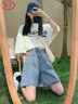 浪莎五分短褲女夏季牛仔褲2025新款直筒港味高腰寬松顯瘦a字闊腿中褲 曬單實(shí)拍圖
