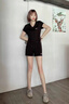 皮爾卡丹（pierre cardin）冰絲短褲跑步運(yùn)動(dòng)服套裝女士夏裝薄款速干短袖休閑兩件套2025新款 黑色V領(lǐng) XXL【122-131斤】 曬單實(shí)拍圖