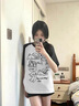 一寸相思黑白拼接撞色短袖t恤女2025新款爆款夏季純棉插肩袖寬松大碼上衣 黑白悠閑小狗 XL (110-125斤） 曬單實(shí)拍圖