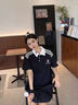 美式復(fù)古撞色三條杠翻領(lǐng)短袖t恤女夏季寬松潮流學(xué)院風(fēng)半截袖上衣 黑色 M 曬單實(shí)拍圖