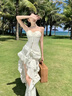 閃動(dòng)少女（SHANDONGSHAONV）美式名媛拖尾裙前短后長(cháng)荷葉邊氣質(zhì)收腰不規則連衣裙 碎花【長(cháng)裙】拖尾裙 S 85-95 曬單實(shí)拍圖