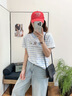 S·J·V·K韓系學(xué)院風(fēng)刺繡小貓咪短袖t恤女夏季獨特超好看拼色條紋半袖上衣 藍條紋 M （適合100-120斤） 曬單實拍圖