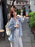 韓璐嬌（hanlujiao）休閑褲女裝夏季2025新款搭配一整套茶系減齡時尚穿搭三件套裝褲子 藍色襯衫+白色短袖+白色褲子 M 【98-108斤】 曬單實拍圖