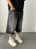 美式休閑七分褲春夏季痞帥潑墨復古男直筒寬松廓形黑灰色牛仔短褲 臟黑色七分 7031 S 【建議111-125斤】 曬單實(shí)拍圖