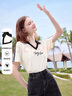 百圖betu女裝2025夏季新款T恤V領(lǐng)撞色設計復古美式風(fēng)純棉短袖2504T17 淺杏色 M 曬單實(shí)拍圖