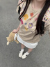 LDBE花朵印花短袖t恤女夏季高級感寬松美式復古修身顯瘦正肩體恤上衣 燕麥灰 L 【110-120斤】 曬單實(shí)拍圖
