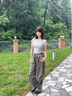 魯雅爾美式降落傘工裝褲女夏季薄款休閑褲高腰顯瘦寬松垂感速干運(yùn)動(dòng)褲子 灰綠色 L 曬單實(shí)拍圖