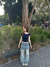 NOME斜肩短袖T恤女夏季2025新款修身露肩半袖收腰顯瘦T恤上衣藏藍色 M 曬單實拍圖