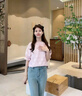 香影甜美雪紡上衣女2025夏季新款淑女圓領(lǐng)系帶泡泡袖法式粉色襯衫 粉紅 S 曬單實(shí)拍圖