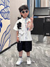 G.duck小黃鴨童裝夏季男童套裝兒童短袖襯衫短褲夏裝男孩襯衣兩件套潮 白色 120 (建議105-115cm 4-5.2周歲) 曬單實(shí)拍圖