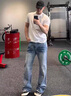 卡圖弛美式高街微喇牛仔褲男夏季閃電波紋寬松顯瘦痞帥設(shè)計(jì)感直筒長(zhǎng)褲子 淺藍(lán)色 XL 【建議120-140斤】 曬單實(shí)拍圖