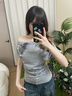衣品元一字肩短袖t恤女2025新款設計感小眾正肩時(shí)尚辣妹修身短袖上衣 灰色 L 灰色（100-115斤） 曬單實(shí)拍圖