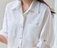 品彩（PinCai）襯衫女法式通勤風(fēng)翻領(lǐng)襯衫獨(dú)特雙口袋設(shè)計(jì)感半袖上衣P52S121 曬單實(shí)拍圖