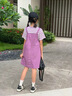 迪士尼女童夏款工裝背帶裙寬松短袖連衣裙夏季休閑兩件套 紫色 140 cm 曬單實(shí)拍圖