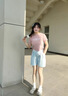 哈魯?shù)纤{色冰絲運動短褲女外穿a字褲小個子韓版休閑顯瘦百搭奶芙五分褲 淺藍色 L （80-105斤） 曬單實拍圖
