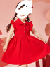 ASK JUNIOR女童裙子2025夏薄款小童花邊袖純色甜美公主裙 紅色 120 曬單實拍圖