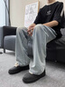 QGF美式冰絲垂感牛仔褲男女學生情侶夏季薄款直筒拖地褲高街潮流褲子 黃泥色 XL 【建議130-145斤】 曬單實拍圖