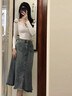 南糖三色大碼胖mm毛邊牛仔半身裙女春夏2025年新款中長(cháng)款高腰包臀魚(yú)尾裙子 復古藍 沒(méi)有腰帶 S 曬單實(shí)拍圖