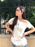 多菲尼森斜領(lǐng)蕾絲花邊拼接短袖T恤女2025年夏季新款修身蝴蝶結(jié)設(shè)計感上衣 蕾絲拼接短袖M 曬單實拍圖