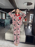 安之伴睡衣女春秋季甜美顯瘦條紋貓咪印花休閑開(kāi)衫長(zhǎng)袖長(zhǎng)褲家居服套裝 A酒紅 M 曬單實(shí)拍圖