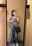 FSHE灰色u領(lǐng)正肩短袖t恤女夏季薄款2025新款修身感洋氣打底衫上衣 灰色-字母小豬  L 曬單實(shí)拍圖