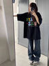 佐敘美式復(fù)古純棉短袖t恤女2025夏季新款中長款遮臀顯瘦百搭半袖女裝 黑色 L (111-130斤） 曬單實拍圖