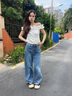 izzue IT復(fù)古水洗高腰牛仔褲女夏季潮流顯瘦寬松闊腿褲子 曬單實(shí)拍圖