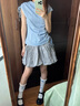妙奕嘉條紋短袖t恤女士夏季衣服時尚高級新款上衣修身純欲短款辣妹甜美 法式藍色條紋抽繩綁帶無袖上衣 XL 【建議101-115斤】 曬單實拍圖