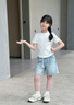 真維斯女童套裝夏季兒童短袖牛仔短褲薄款夏裝女孩可愛(ài)兩件套時(shí)尚童裝 深紫 長(cháng)四格洛米+淺藍 130 曬單實(shí)拍圖