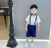 耀王男童禮服套裝幼兒園演出服背帶褲夏季花童小主持人兒童西裝畢業(yè)服 白襯藍(lán)褲 130（建議體重43-50斤） 曬單實拍圖