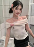 LDBE純欲風(fēng)一字肩短袖上衣女2025新款夏季設(shè)計感小眾辣妹修身顯瘦t恤 米白色 S 【80-90斤】 曬單實拍圖