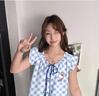 韓姿朵HelloKitty凱蒂貓藍色格子無(wú)袖睡衣女夏天純棉薄款短袖可愛(ài)家居服 C4506 L 曬單實(shí)拍圖
