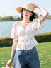 lagogo鉆石領碎花雪紡衫女拉谷谷2025夏新款淑女泡泡袖修身上衣 混色 L 曬單實拍圖