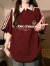 LDBEPolo領(lǐng)短袖女新款2025夏季寬松復(fù)古學(xué)院風(fēng)撞色條紋半袖t恤上衣春 紅色 M 曬單實(shí)拍圖
