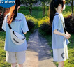 A 21 FUNB初高中生女套裝夏季12-15歲女孩衣服大童女裝青少年女大童夏裝13 藍(lán)色衣服＋褲子 均碼 L【建議96-110斤】 曬單實(shí)拍圖