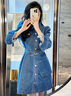 蔻伊婭（Kouyiya）品牌女裝新品復(fù)古收腰連衣裙女2025秋季新款小個子氣質(zhì)襯衫裙子女 藍色 S 曬單實拍圖